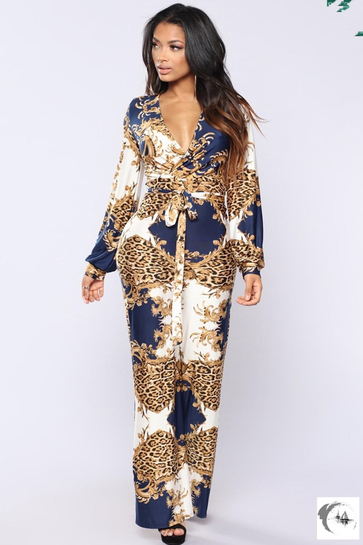 Baroque Print V-Neck Women's Long Sleeve Party Jumpsuit