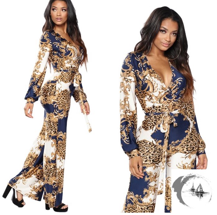 Baroque Print V-Neck Women's Long Sleeve Party Jumpsuit