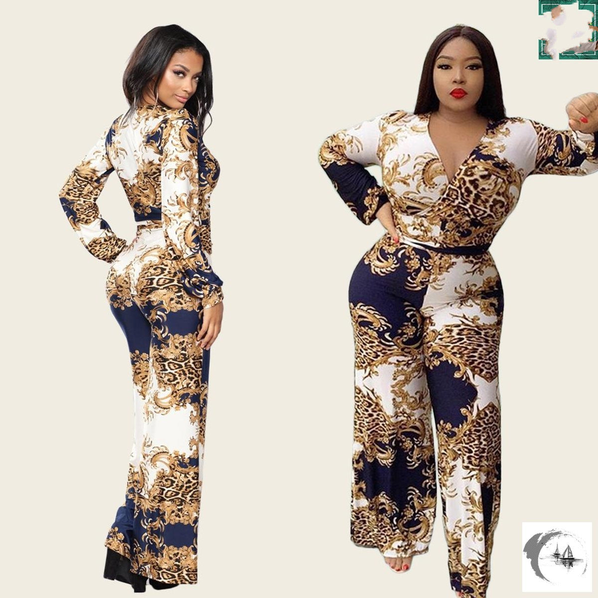 Baroque Print V-Neck Women's Long Sleeve Party Jumpsuit