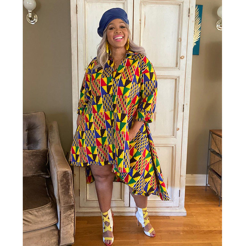 African Daishiki Print Colorblock Turn-Down Collar Long Sleeve Shirt Dress to 5X Plus Size