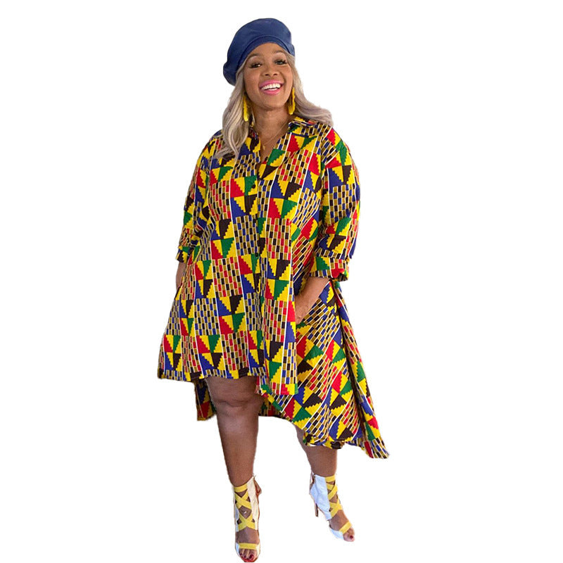 African Daishiki Print Colorblock Turn-Down Collar Long Sleeve Shirt Dress to 5X Plus Size