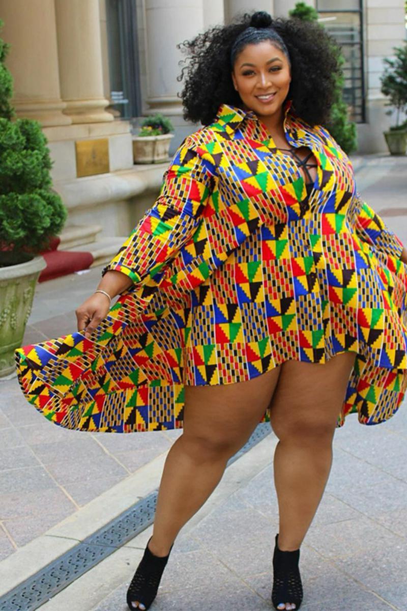 African Daishiki Print Colorblock Turn-Down Collar Long Sleeve Shirt Dress to 5X Plus Size