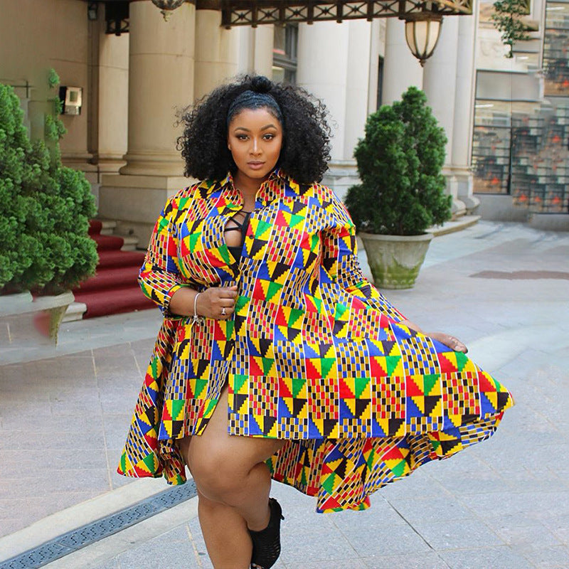 African Daishiki Print Colorblock Turn-Down Collar Long Sleeve Shirt Dress to 5X Plus Size
