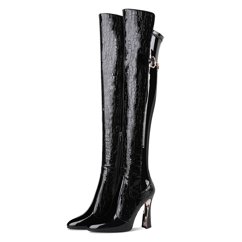 Black Platform Buckle Knee-High Knight Pointed Toe Leather Boots