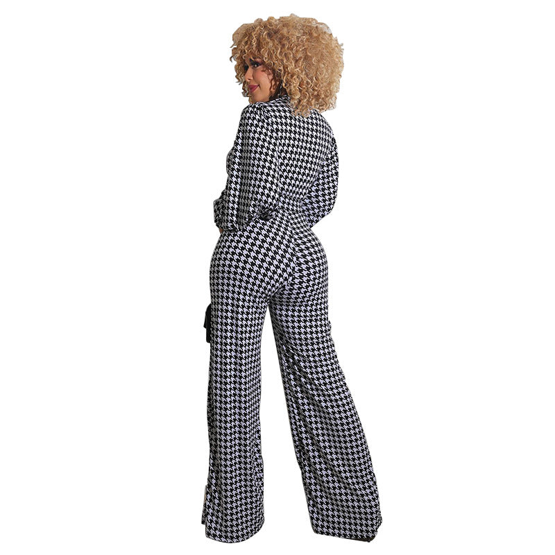 Black/White Houndstooth Plaid Long Puff Sleeve Deep V-Neck Women's Pants Jumpsuit to 5X Plus Size
