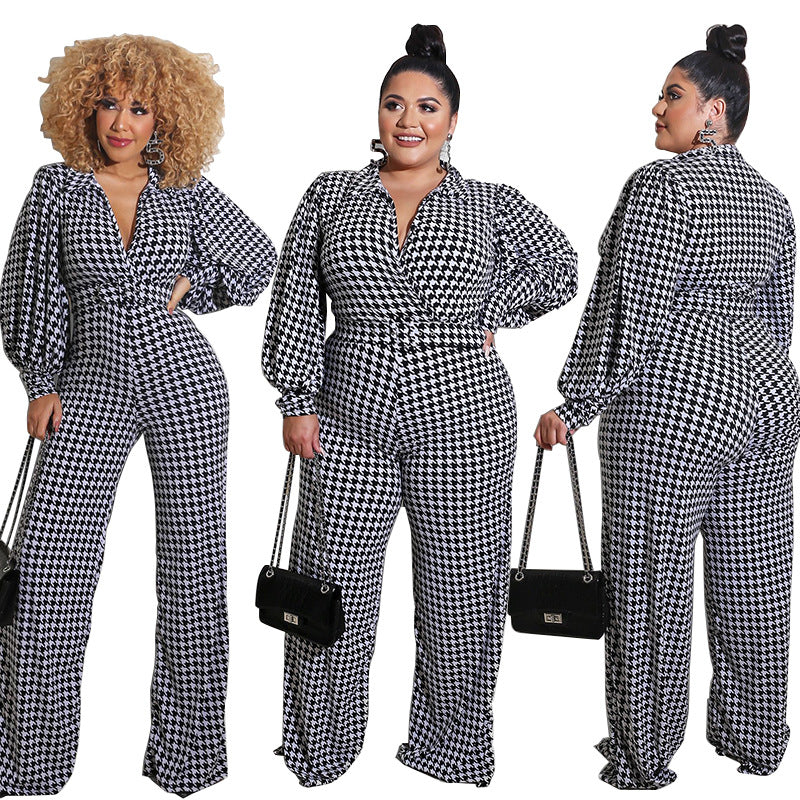 Black/White Houndstooth Plaid Long Puff Sleeve Deep V-Neck Women's Pants Jumpsuit to 5X Plus Size