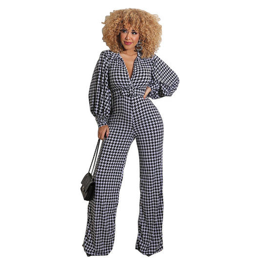 Black/White Houndstooth Plaid Long Puff Sleeve Deep V-Neck Women's Pants Jumpsuit to 5X Plus Size