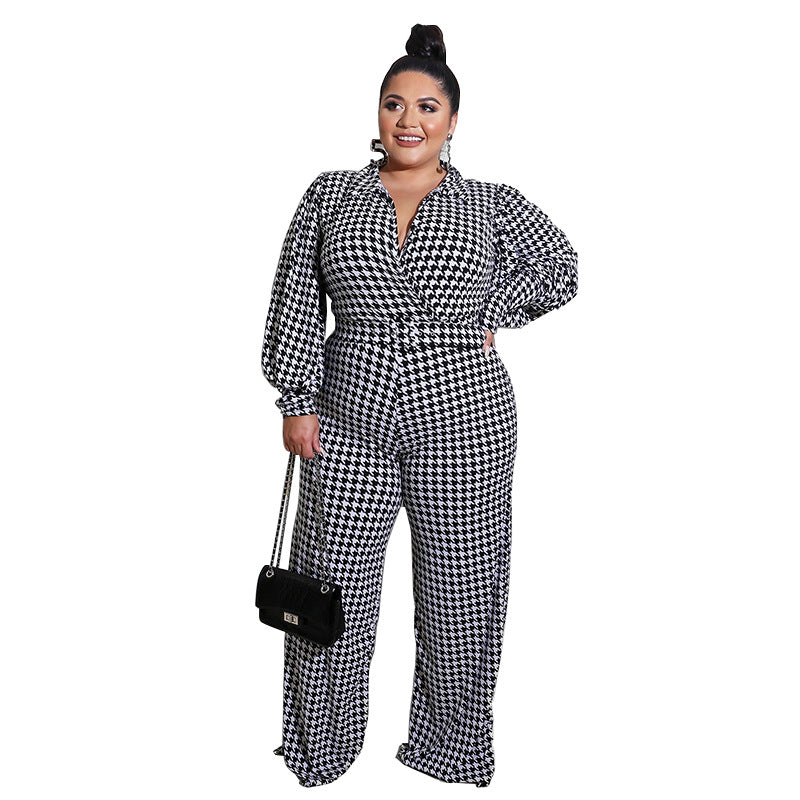 Black/White Houndstooth Plaid Long Puff Sleeve Deep V-Neck Women's Pants Jumpsuit to 5X Plus Size