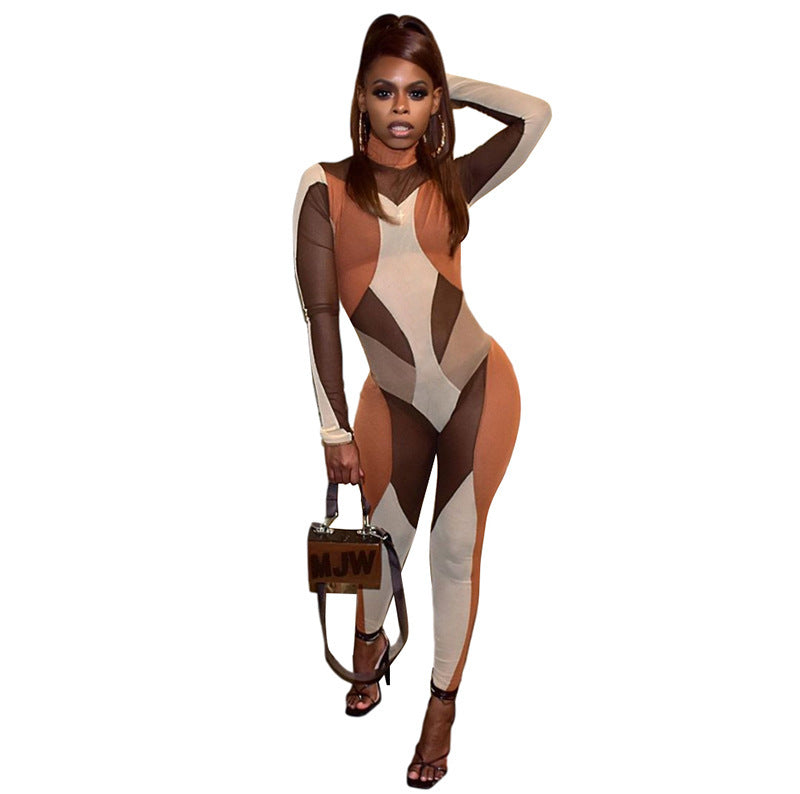 Skin Tight Brown/Tan Colorblock O-Neck Women's Long Sleeve Jumpsuit