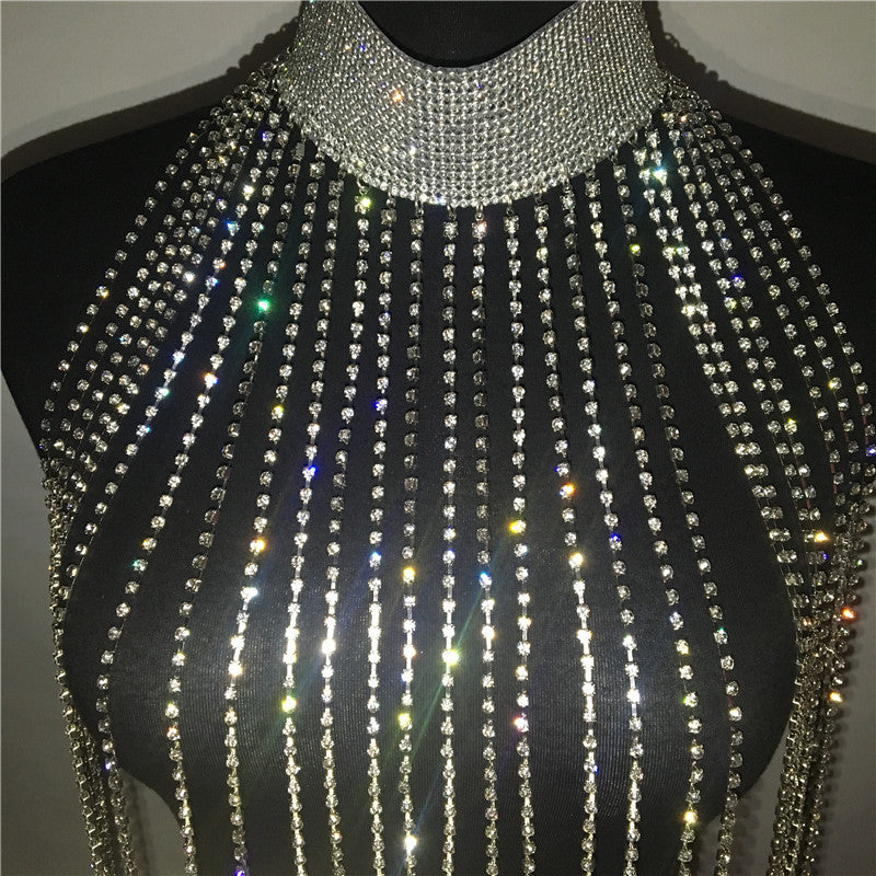 Rhinestone Sparkling Hanging Fringe Tassel Full Body Chain Choker Necklace