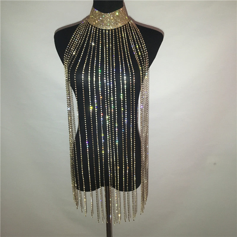 Rhinestone Sparkling Hanging Fringe Tassel Full Body Chain Choker Necklace