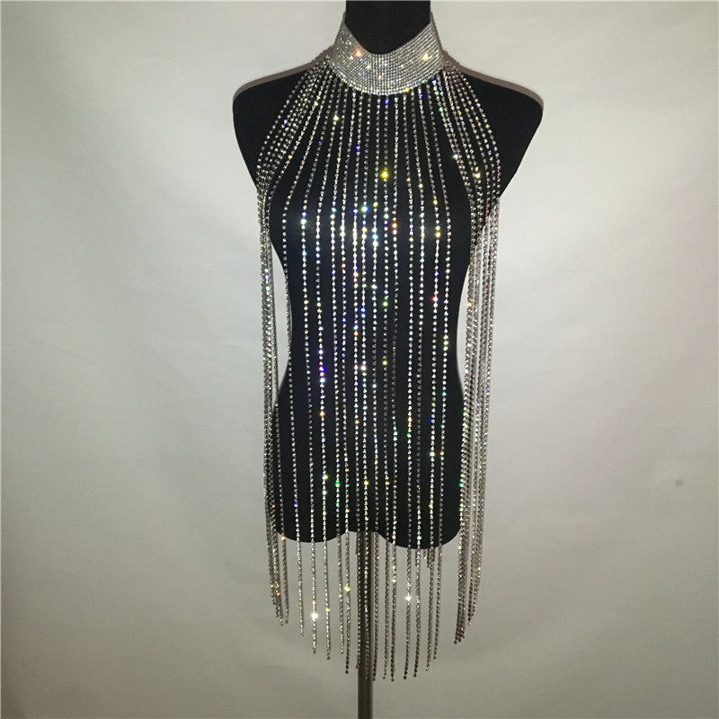 Rhinestone Sparkling Hanging Fringe Tassel Full Body Chain Choker Necklace