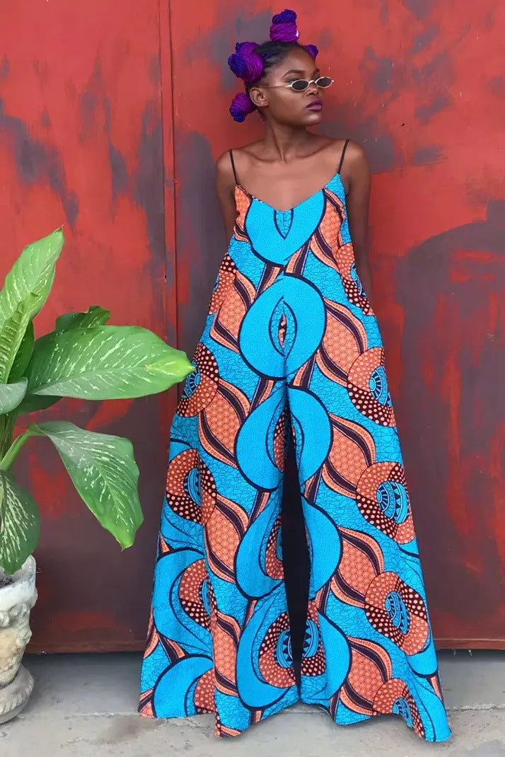 Sleeveless African Print Women's V-Neck Spaghetti Strap Wide Leg Jumpsuit