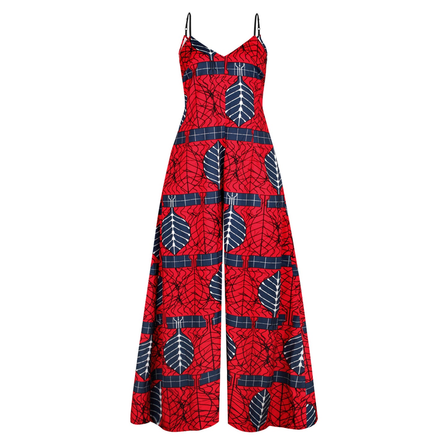 Sleeveless African Print Women's V-Neck Spaghetti Strap Wide Leg Jumpsuit