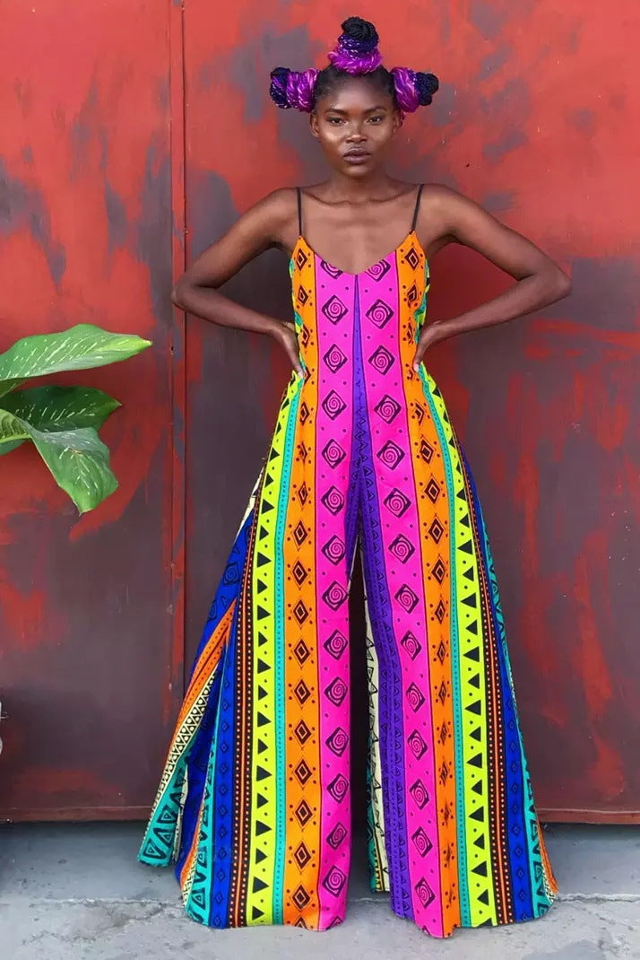 Sleeveless African Print Women's V-Neck Spaghetti Strap Wide Leg Jumpsuit