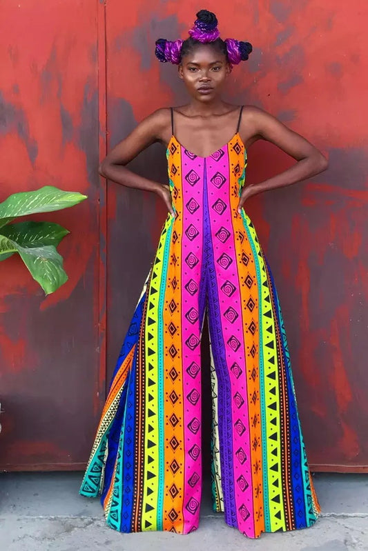 Sleeveless African Print Women's V-Neck Spaghetti Strap Wide Leg Jumpsuit