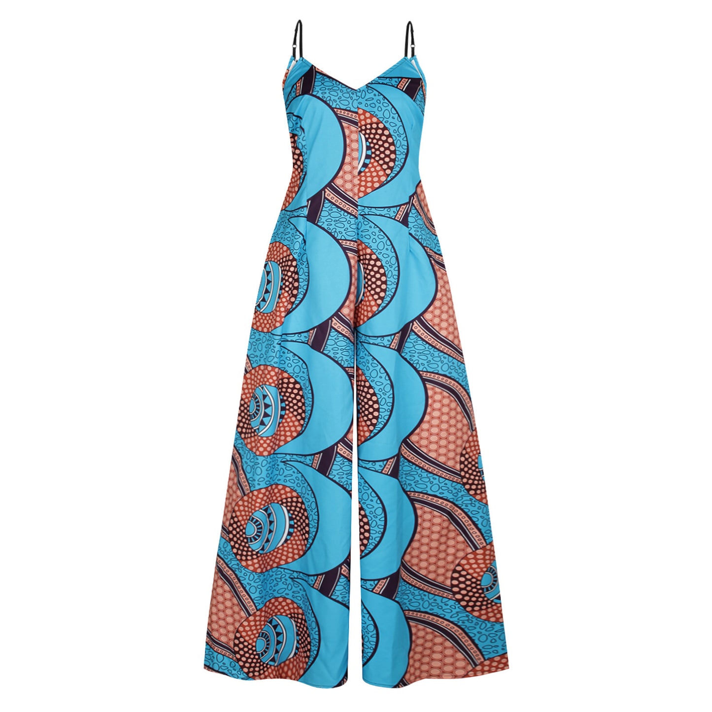 Sleeveless African Print Women's V-Neck Spaghetti Strap Wide Leg Jumpsuit