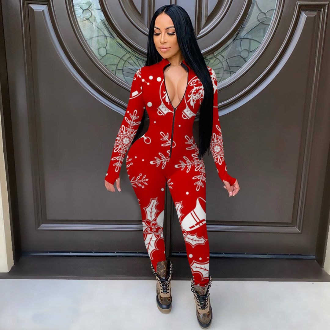 Red/White Christmas Print Long Sleeve Deep V-Neck Skin Tight Women's Zipper Jumpsuit