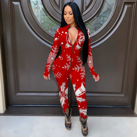 Red/White Christmas Print Long Sleeve Deep V-Neck Skin Tight Women's Zipper Jumpsuit