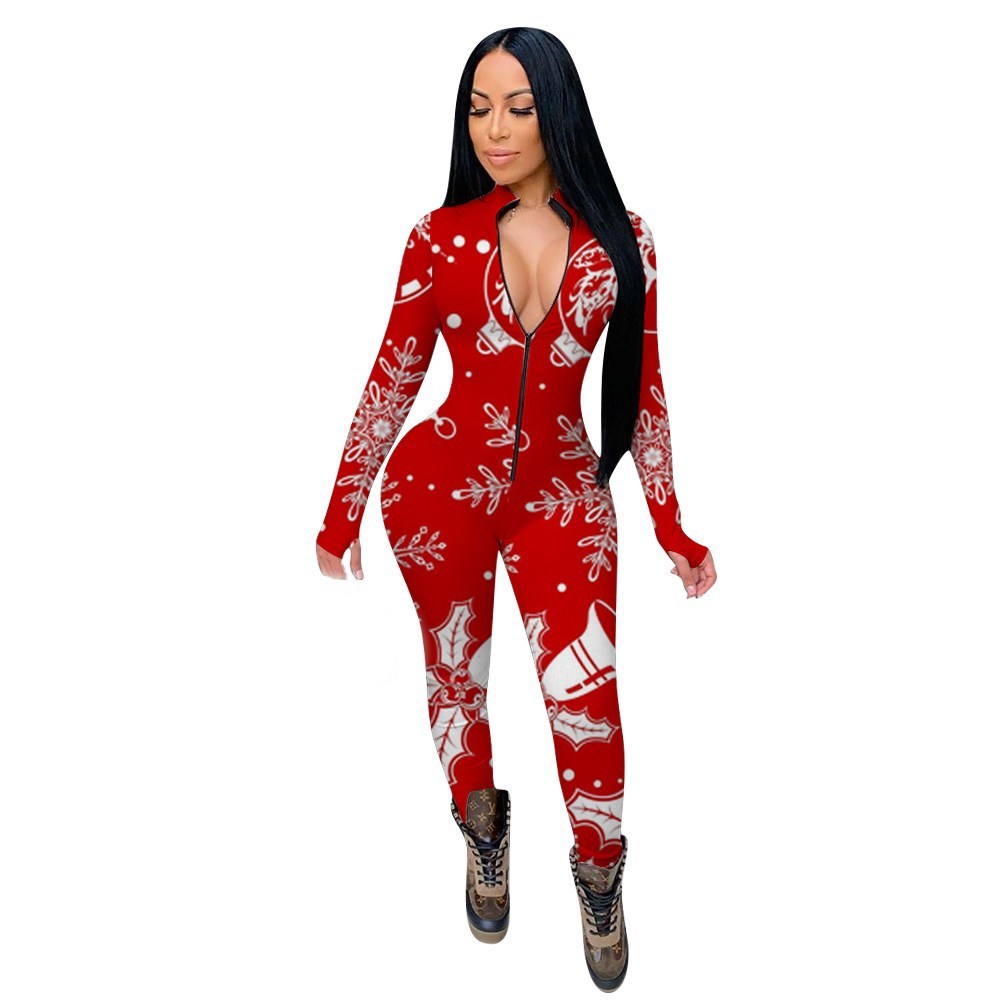 Red/White Christmas Print Long Sleeve Deep V-Neck Skin Tight Women's Zipper Jumpsuit