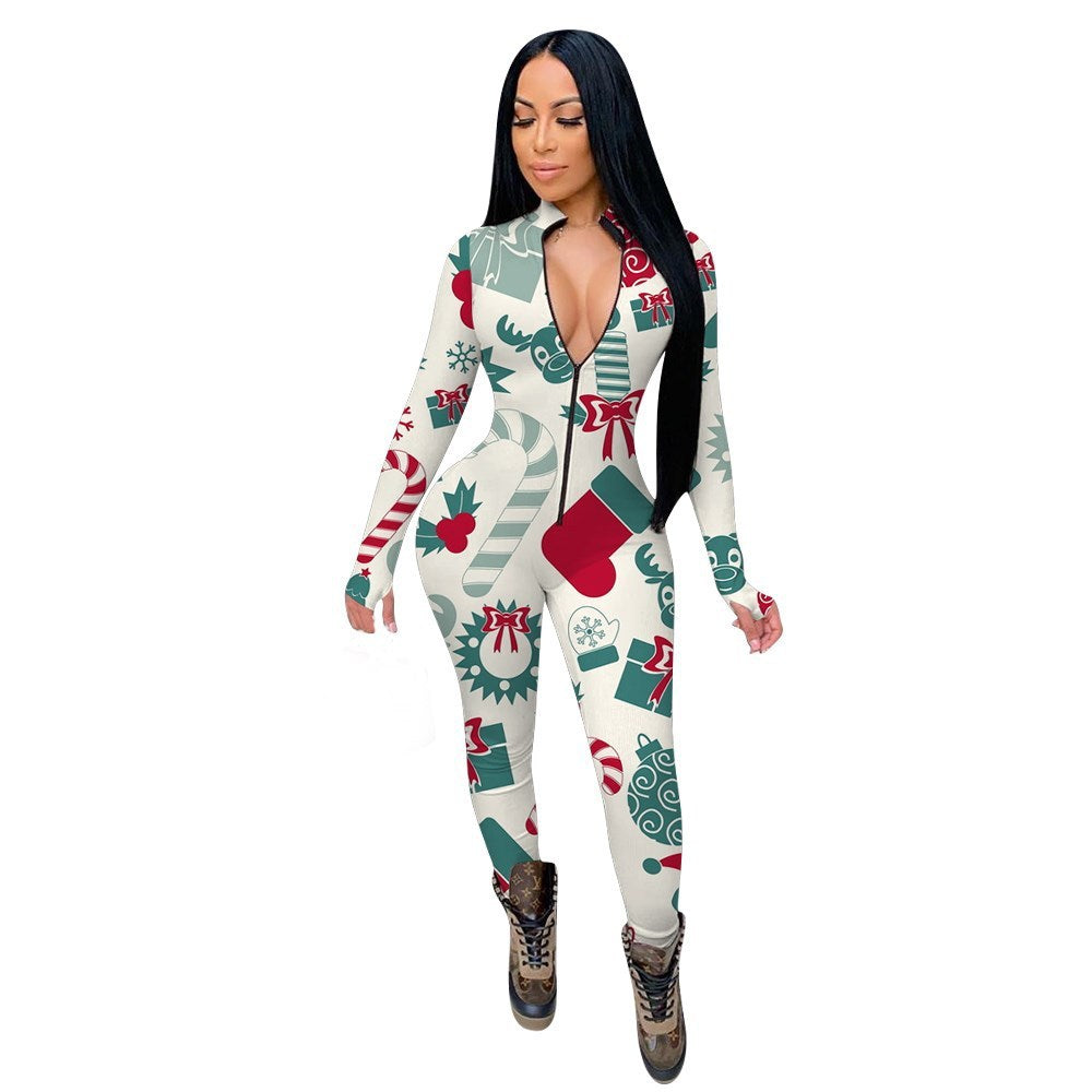Red/White Christmas Print Long Sleeve Deep V-Neck Skin Tight Women's Zipper Jumpsuit