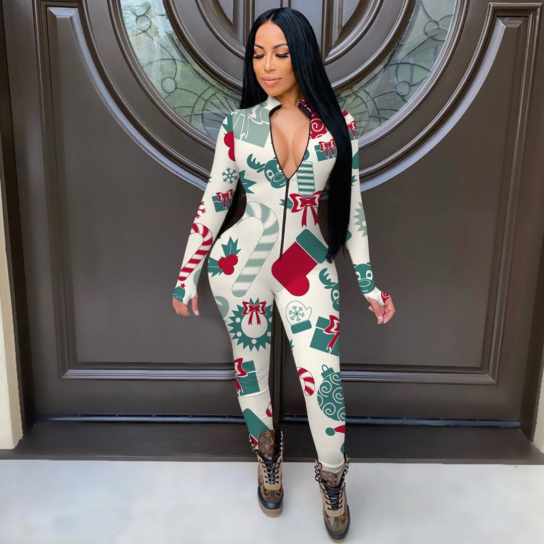Red/White Christmas Print Long Sleeve Deep V-Neck Skin Tight Women's Zipper Jumpsuit