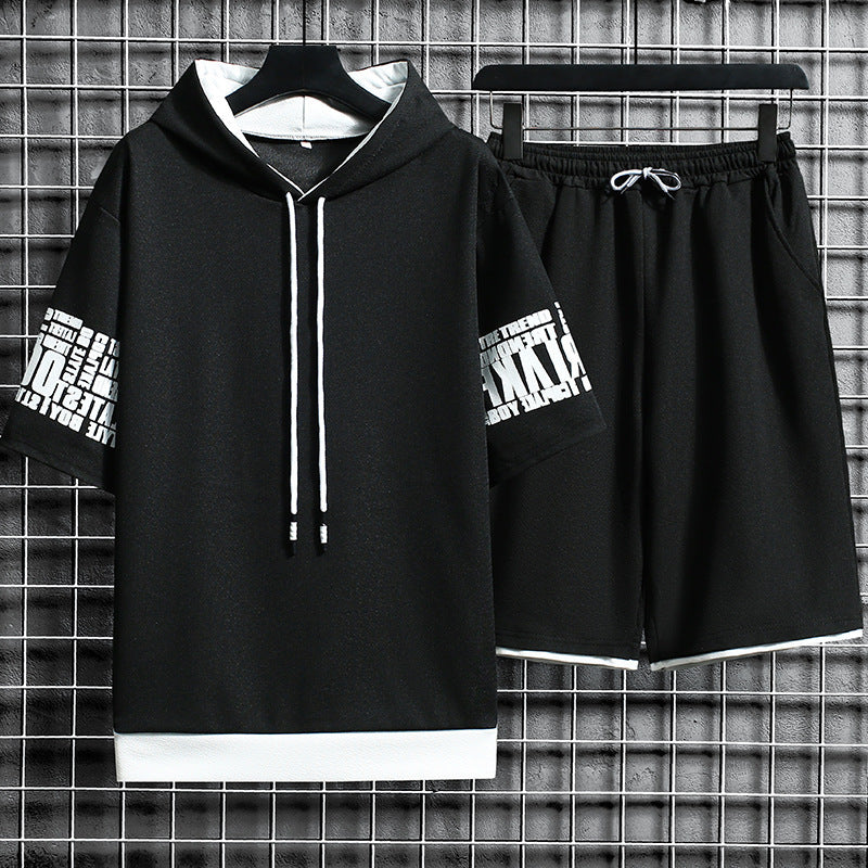 Oversized Letter Print Short Sleeve Hoodie T-Shirt  + Loose Shorts 2-Piece Set