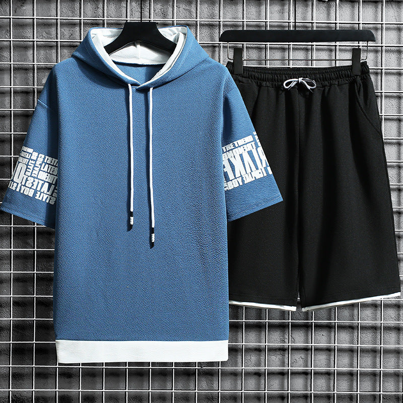 Oversized Letter Print Short Sleeve Hoodie T-Shirt  + Loose Shorts 2-Piece Set