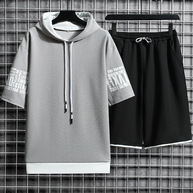 Oversized Letter Print Short Sleeve Hoodie T-Shirt  + Loose Shorts 2-Piece Set