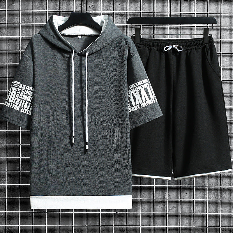 Oversized Letter Print Short Sleeve Hoodie T-Shirt  + Loose Shorts 2-Piece Set