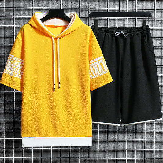 Oversized Letter Print Short Sleeve Hoodie T-Shirt  + Loose Shorts 2-Piece Set