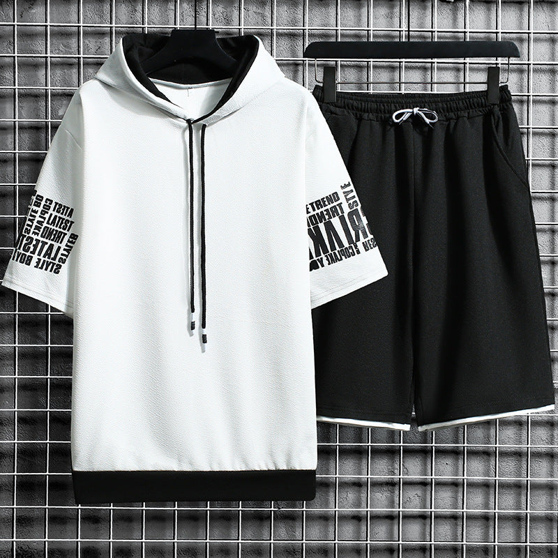 Oversized Letter Print Short Sleeve Hoodie T-Shirt  + Loose Shorts 2-Piece Set