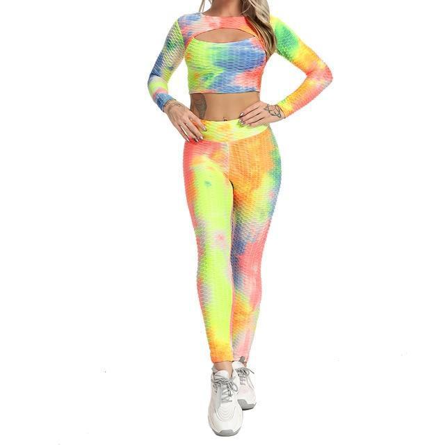 Tie-Dye Pineapple Grid Hollow-Out Long Sleeve Crop Top + Fitness Workout Leggings 2-Piece Set