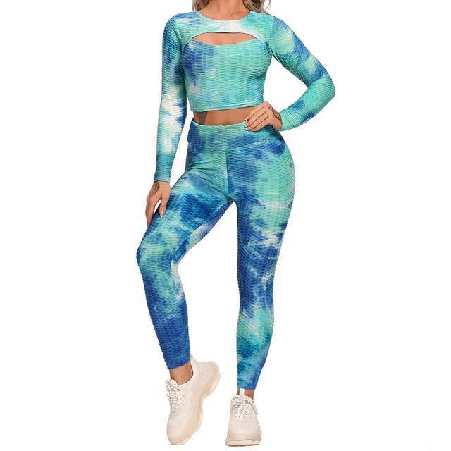 Tie-Dye Pineapple Grid Hollow-Out Long Sleeve Crop Top + Fitness Workout Leggings 2-Piece Set