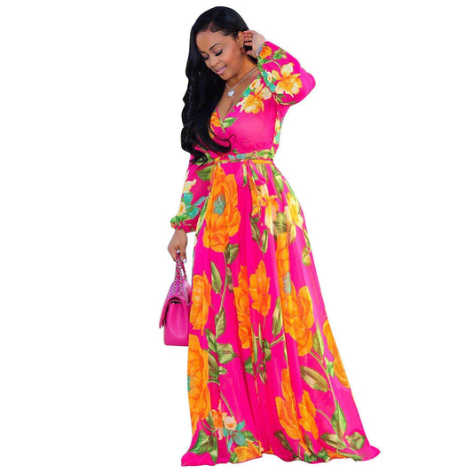 Chiffon Striped Colorblock/Flower Print Long Sleeve V-Neck Big Swing Maxi Dress to 5X Plus Size