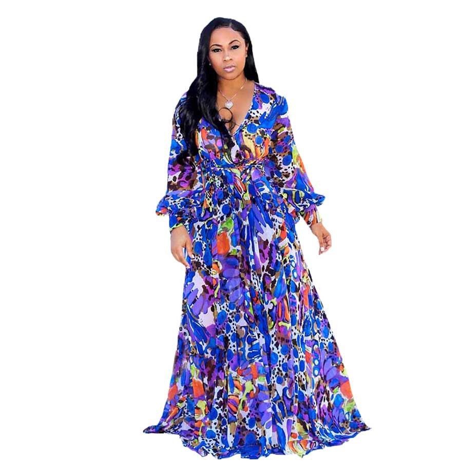 Chiffon Striped Colorblock/Flower Print Long Sleeve V-Neck Big Swing Maxi Dress to 5X Plus Size