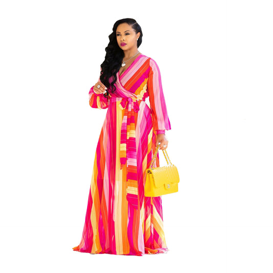 Chiffon Striped Colorblock/Flower Print Long Sleeve V-Neck Big Swing Maxi Dress to 5X Plus Size