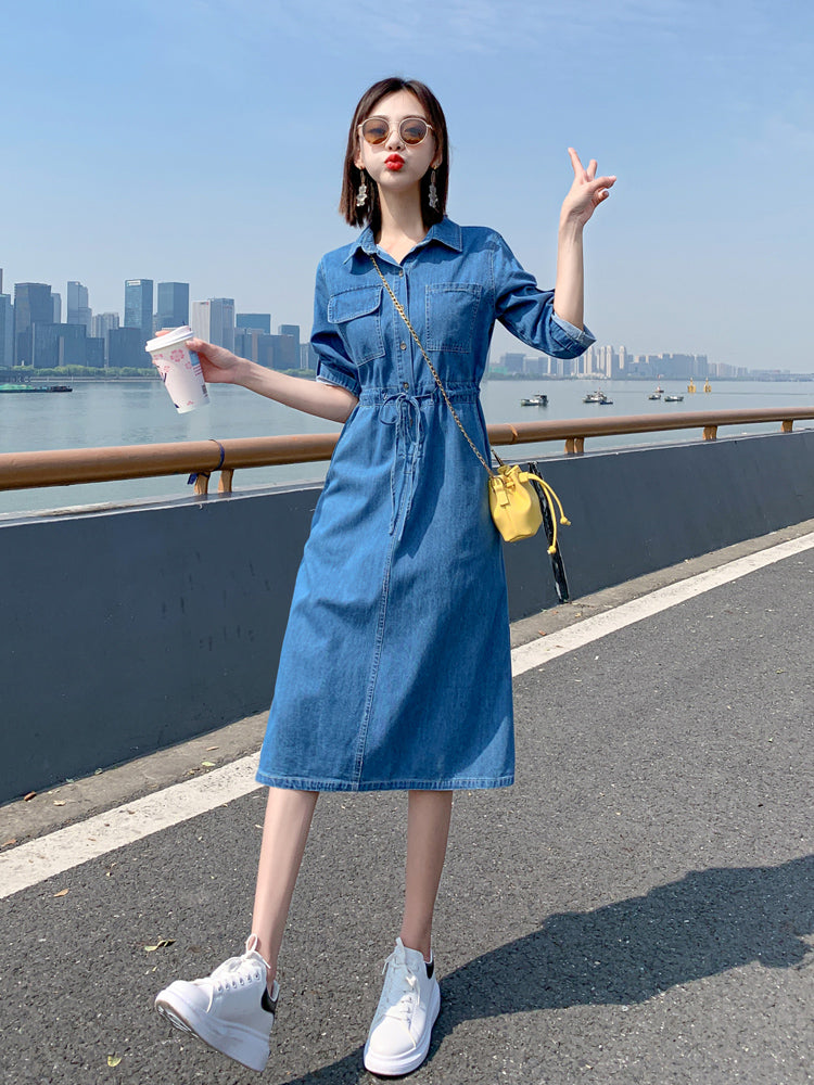 Denim Dark Blue/Light Blue Drawstring Waist Short Sleeve Jean Shirt Dress
