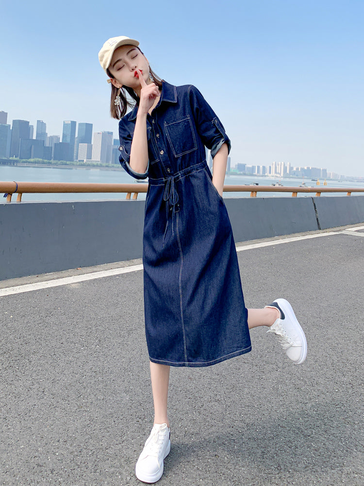Denim Dark Blue/Light Blue Drawstring Waist Short Sleeve Jean Shirt Dress