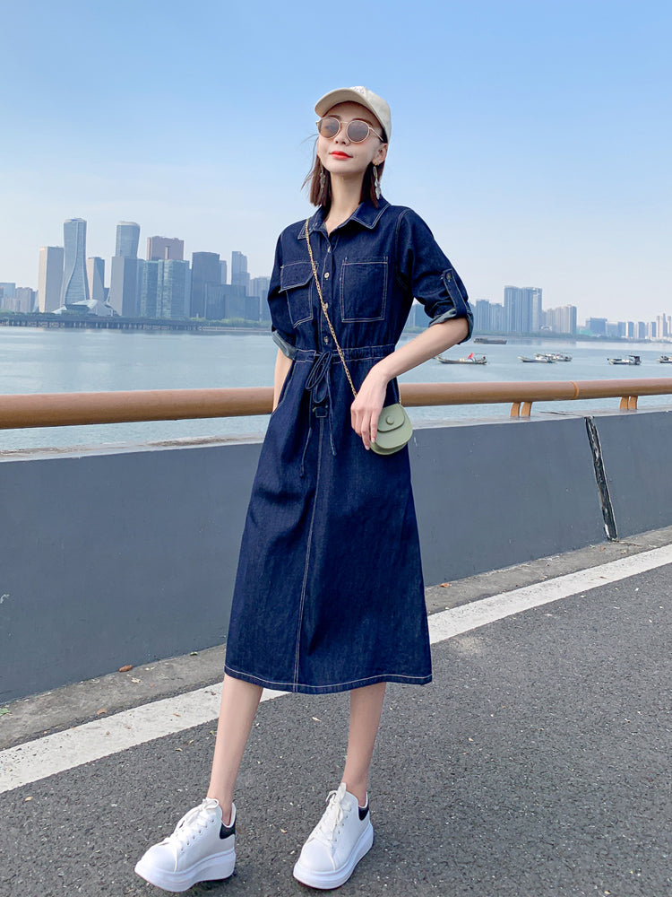 Denim Dark Blue/Light Blue Drawstring Waist Short Sleeve Jean Shirt Dress