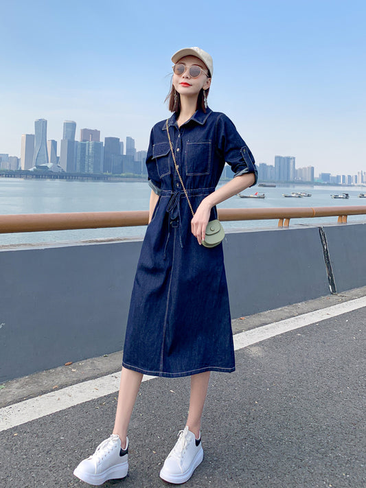 Denim Dark Blue/Light Blue Drawstring Waist Short Sleeve Jean Shirt Dress