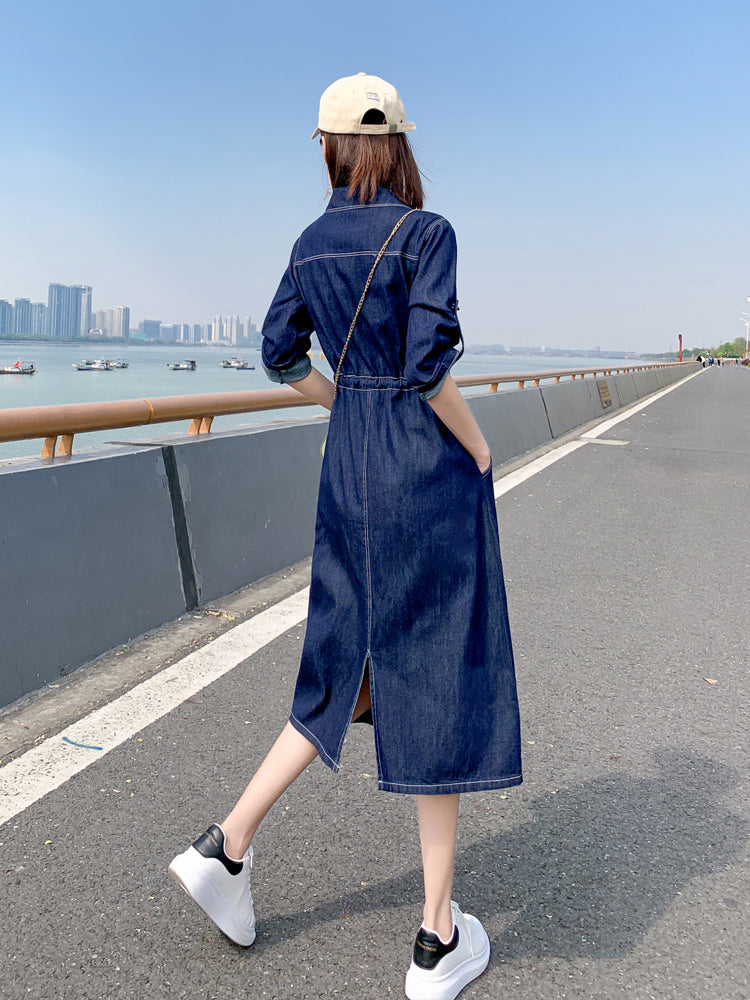 Denim Dark Blue/Light Blue Drawstring Waist Short Sleeve Jean Shirt Dress