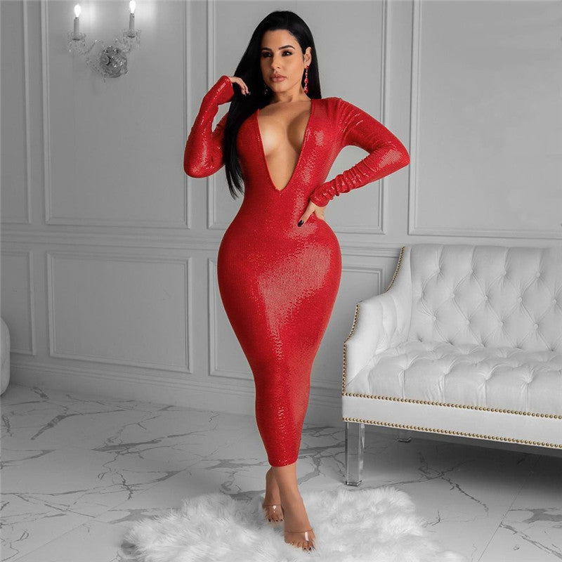 Red Deep V-Neck Micro Stretch Long Eleeve Skin Tight Midi Dress