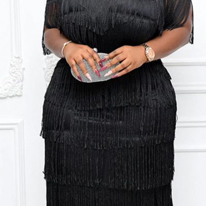 Black Mesh Sheer Tassel Fringe Transparent Design Short Sleeve High Waist Formal Maxi Dress