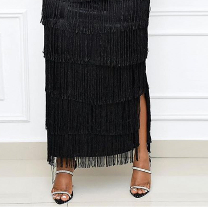 Black Mesh Sheer Tassel Fringe Transparent Design Short Sleeve High Waist Formal Maxi Dress