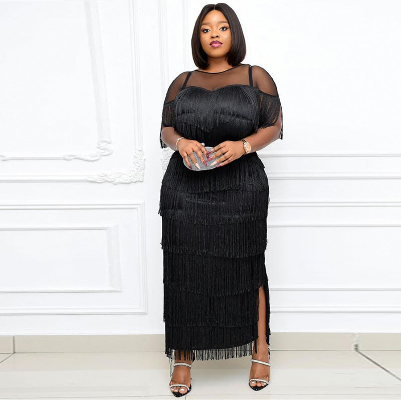 Black Mesh Sheer Tassel Fringe Transparent Design Short Sleeve High Waist Formal Maxi Dress