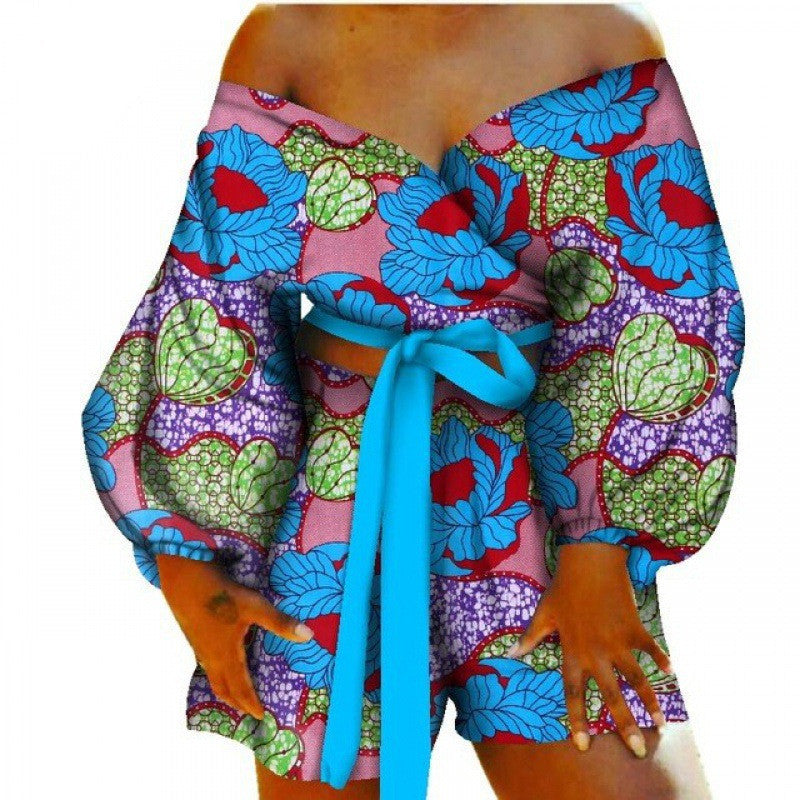 Floral Geometric African Print Women's Bow Tie Top + Shorts Set 2-Piece Set to 6X Plus Size