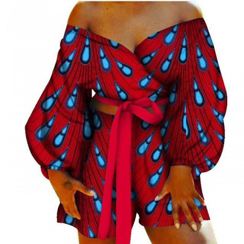 Floral Geometric African Print Women's Bow Tie Top + Shorts Set 2-Piece Set to 6X Plus Size