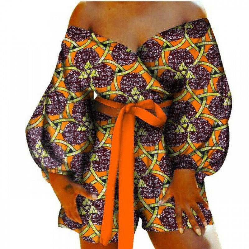 Floral Geometric African Print Women's Bow Tie Top + Shorts Set 2-Piece Set to 6X Plus Size