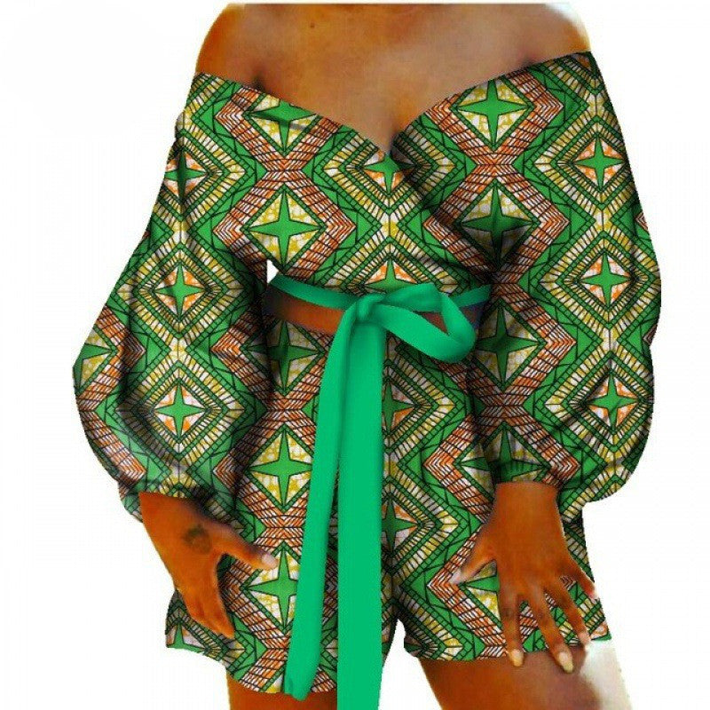 Floral Geometric African Print Women's Bow Tie Top + Shorts Set 2-Piece Set to 6X Plus Size